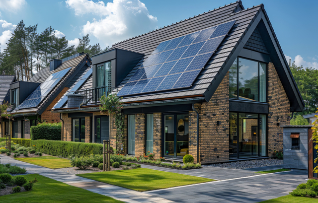 Modern houses with solar panels on the roof for alternative energy production